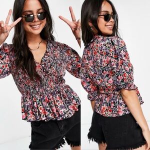 NWT Topshop [ 6 US ] Smocked Ruffle Floral Wrap Top in Mid Blue‎ Multi